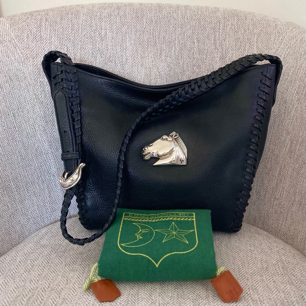Kieselstein Cord Whipstitched  Black Leather Hobo Bag Silver Horse